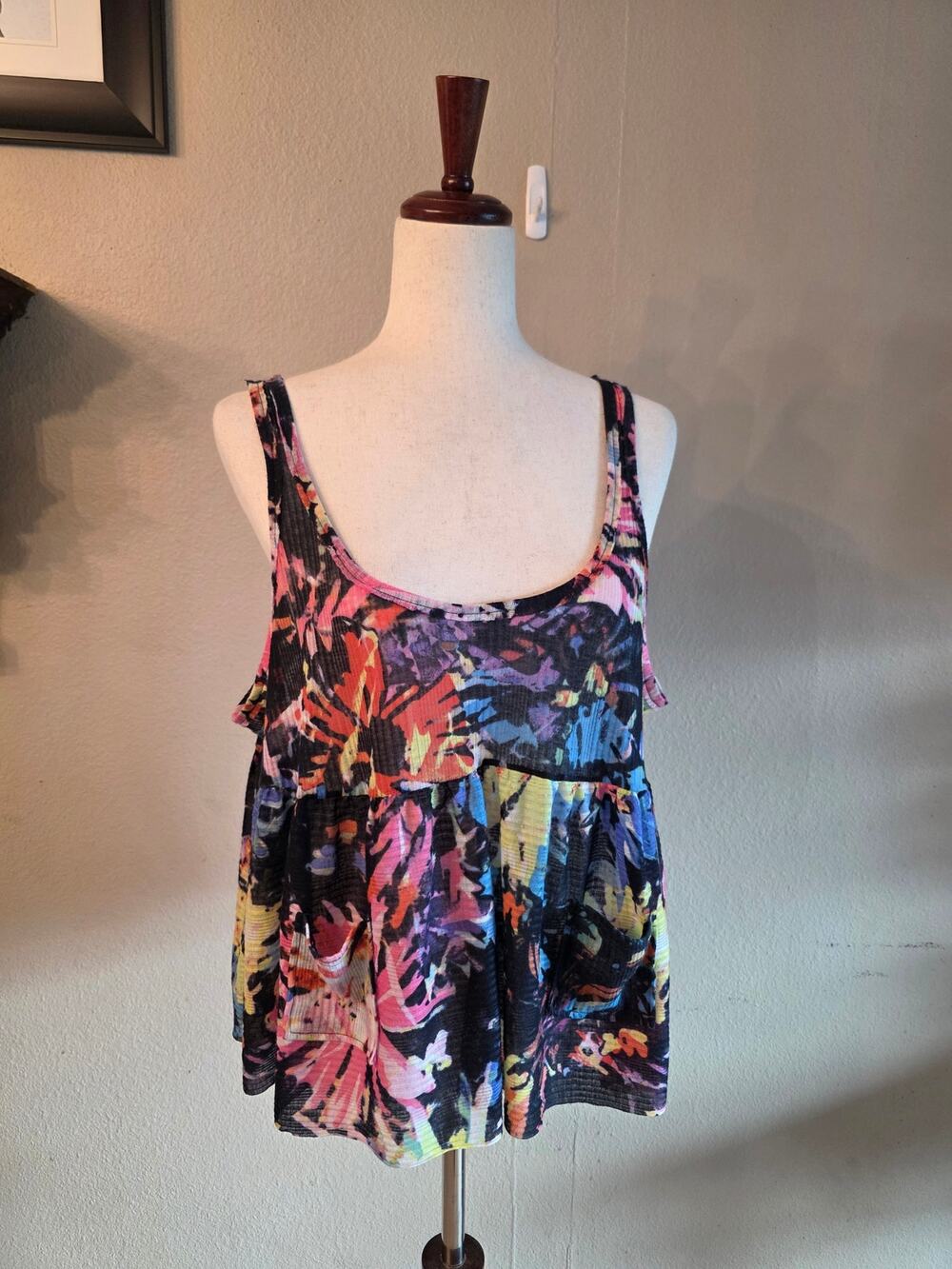 Free People Women's Colorful Sheer Babydoll Tank Top SZ Small Oversized Flowy